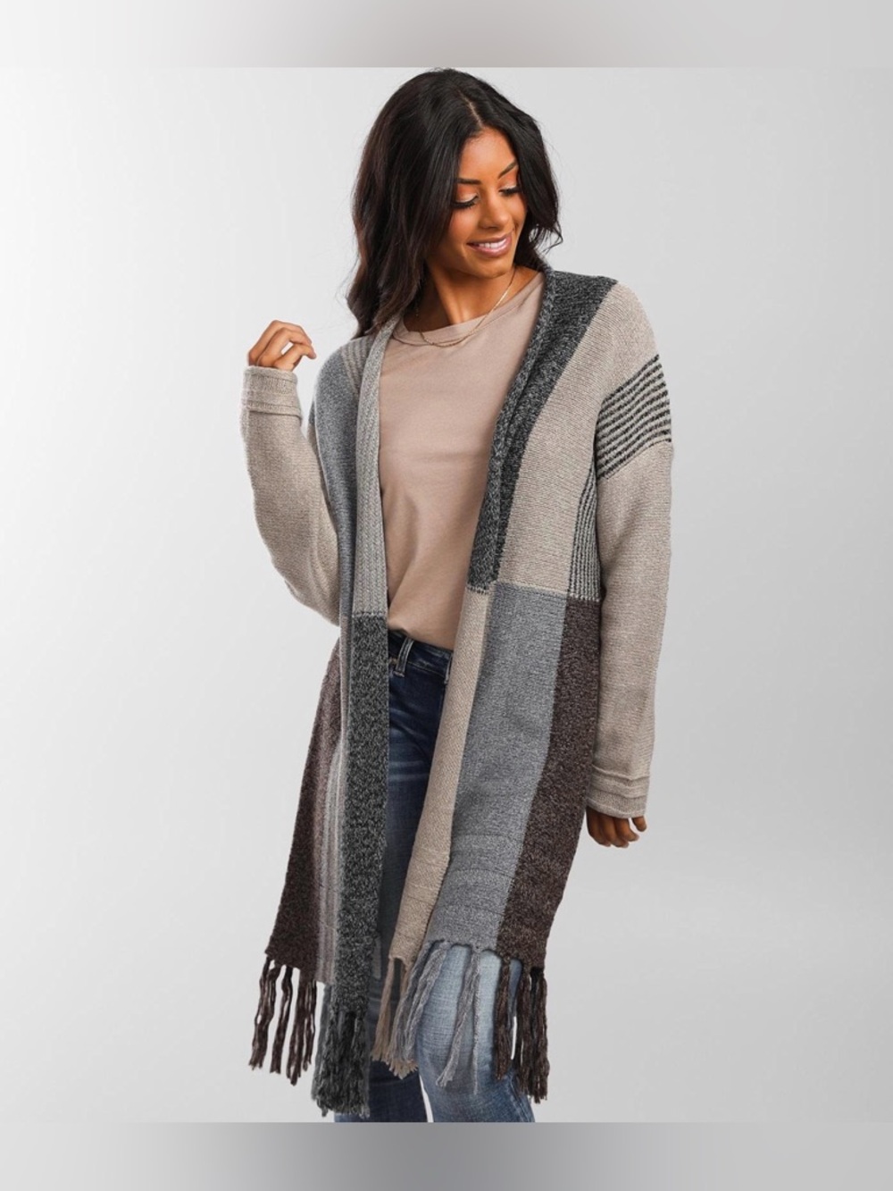 Buckle Black Cardigan Women S Multicolor Hooded Patchwork Fringe Open Front Boho